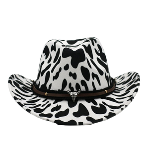 Wholesale Winter Outdoor Wide Brim Cow-Print Faux Fur Fedora Hat with <b>Brown</b> Buckle Accent Unisex Adjustable - Product Image 1