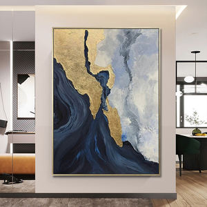 Lukisan kanvas Modern buatan tangan seni dinding abstrak Foil emas biru desain pemandangan laut Modern untuk dekorasi rumah seni dinding akrilik - Product Image 3