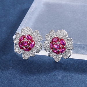 Fashion Statement Jewelry Eco-friendly Copper Silver Plated Micro Pave Oval Cut <b>Red</b> Zircon Large Flower Stud <b>Earrings</b> for Women - Product Image 6