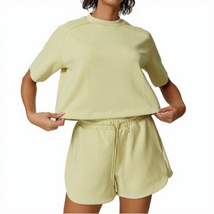 Women's Solid Crew Neck T-Shirt & <b>Shorts</b> 2-Piece Set Breathable Four-Way Stretch Yoga Workout Wear - Product Image 2