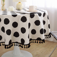 Nappe rustique style ferme avec pompons noirs, en coton et lin résistant, pour cuisine et salle à manger