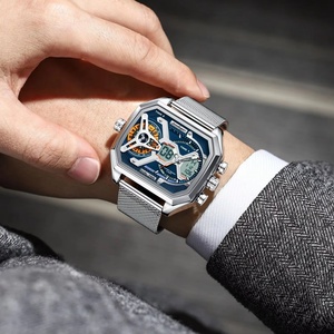 Montres à quartz pour hommes, date, semaine, alarme LED, montre électronique pour homme, étanche, acier inoxydable, bracelet en maille, montre pour homme - Product Image 4