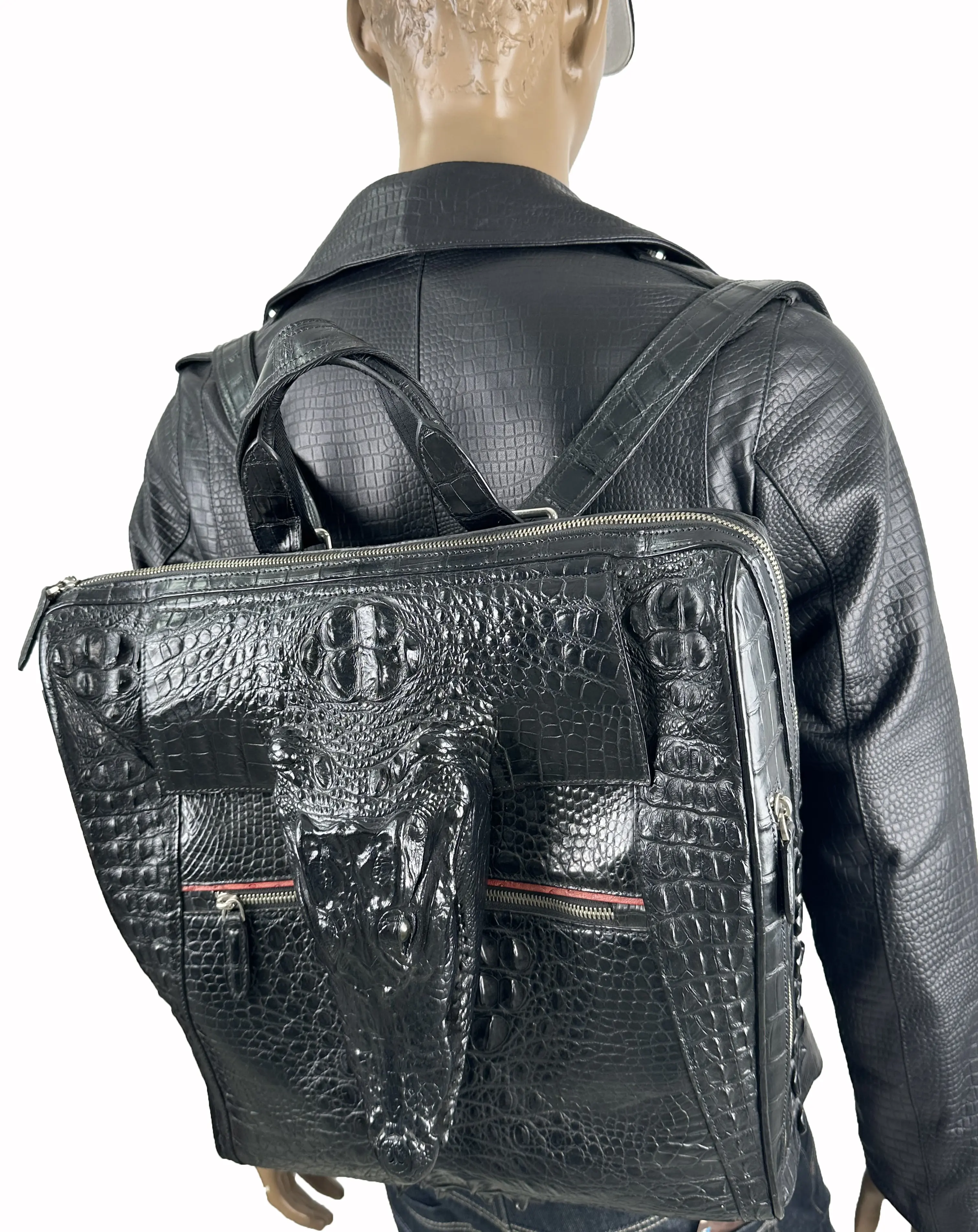 Fashionable Outdoor Leisure Versatile Business Genuine Crocodile Skin Whole Head Skull Leather Men Laptop Black Backpack