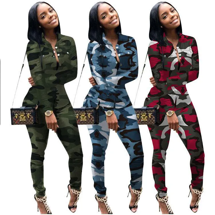 Wholesale fashion colorful women's sports casual camouflage jacket two piece pants set