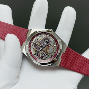 2026 New Arrival Stainless Steel Skeleton Automatic Watch Men <b>Red</b> Dial Perpetual Calendar Mechanical Watch With <b>Red</b> Rubber Strap - Product Image 3