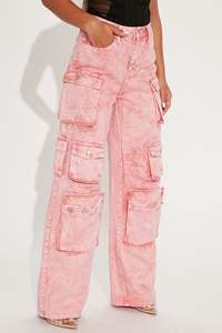 Moda mujer rosa suelto Ajuste de cintura alta pantalones <span class=keywords><strong>Cargo</strong></span> OEM logotipo personalizado Multi <span class=keywords><strong>Cargo</strong></span> bolsillos Denim <span class=keywords><strong>Jeans</strong></span> - Product Image 4