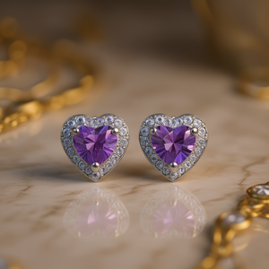 Orecchini a perno E396 a forma di cuore viola con ametista incastonata a griffe per l'uso quotidiano da donna, gioielli in lega di zinco - Product Image 2