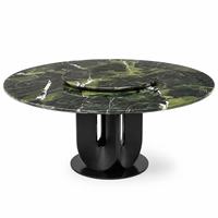 Table à manger ronde moderne sur mesure en marbre vert avocat avec plateau tournant, base en métal noir, pour villa de luxe et restaurant