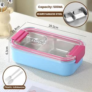 Boîte à lunch durable pour enfants de 500 ml en acier inoxydable 304, 2 compartiments, boîte à lunch portable, passe au micro-ondes, avec couverts - Product Image 1