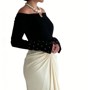 Robes de soirée élégantes pour femmes, à manches longues, plissées, bicolores, avec perles, tendance - Product Image 6