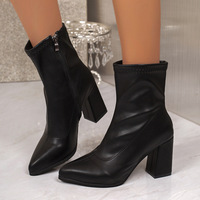 Bottes d'hiver à talons hauts style célébrité 2026 Automne/Hiver, à bout pointu, talon épais, de luxe, décontractées, mi-mollet, à fermeture éclair