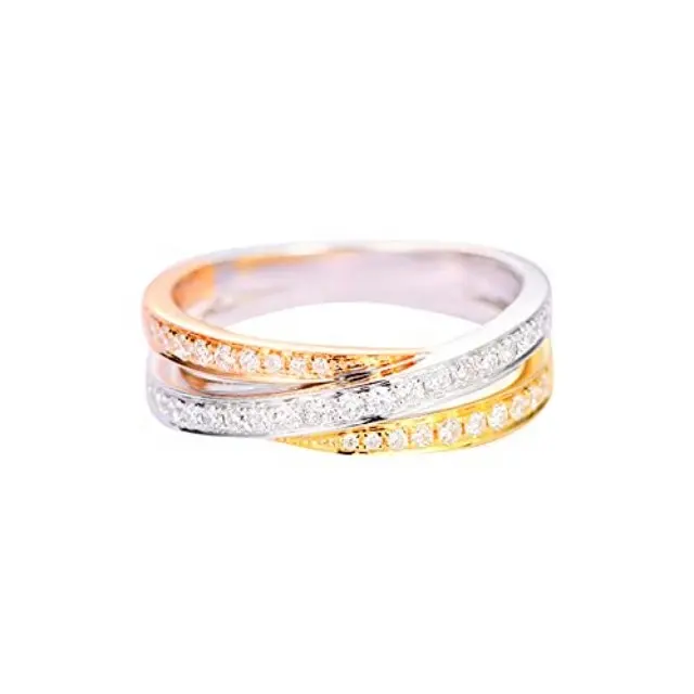 Firstmadam Three Color Cross Ring 18K Gold 5.5mm Diamond Layered Crossover Adorable Delicate Wedding Promise Ring