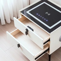 Mesita de Noche Multifuncional de Cuero con Luz Ambiental RGB, Cerradura con Huella Dactilar, Cargador Inalámbrico y Altavoz Bluetooth