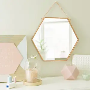 Wholesale hexagon gold metal frame wall mirror with chain for home decoration