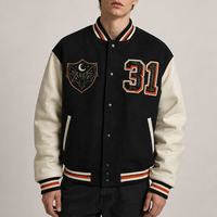 Veste de baseball universitaire personnalisée pour homme, Halloween, noire, corps en laine, manches en PU, broderie chenille, style streetwear oversize