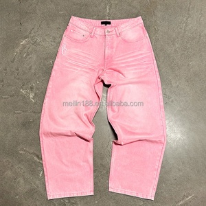 Jeans personnalisés à taille haute avec broderie, pantalon en denim unisexe rose vintage délavé à l'acide, jeans baggy pour hommes - Product Image 1