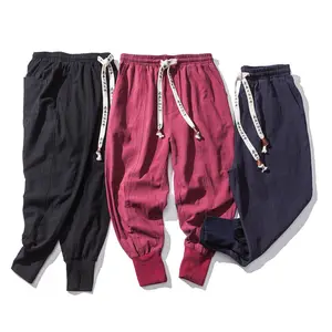 Cotton Linen Harem Pants Men Solid Elastic Waist Streetwear Joggers 2023 New Baggy Drop-crotch Pants Casual Trousers Men