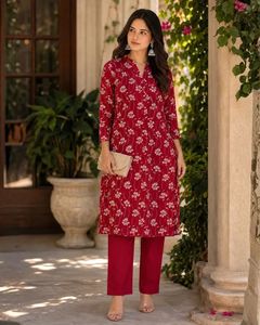 Elegant Cherry <b>Red</b> Floral Print Rayon Kurta Pant Set Lightweight Breathable Rayon Fabric Comfortable Casual Office Wear Ethnic - Product Image 1