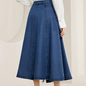 Jupe longue en <span class=keywords><strong>jean</strong></span> décontractée bleue pour <span class=keywords><strong>femme</strong></span>, nouveau style, coupe trapèze, boutonnée sur le devant, ourlet évasé, vente en gros - Product Image 3