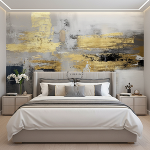 Papier peint mural auto-adhésif imperméable pour chambre à coucher, texture peinture dorée, art abstrait moderne, taille personnalisée - Product Image 2
