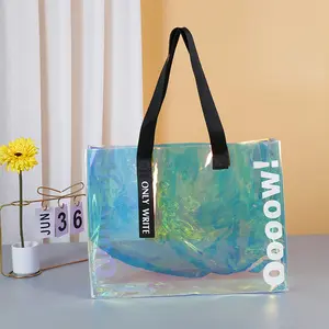 Bolsa de compras transparente de PVC con logotipo personalizado e impresión, bolsa de regalo de mano con cuerda de algodón a la moda con láser mágico