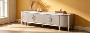 Premium Silver Fluted TV Stand, Modern Curved <b>Sideboard</b> with Ribbed Doors for Living Room Storage - Product Image 2