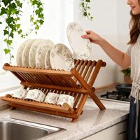 Égouttoir à vaisselle en bois de teck pliable à 2 niveaux, support de séchage pour assiettes, organisateur de vaisselle pliable pour la cuisine