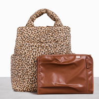 Logo personnalisé marron imprimé léopard en coton matelassé rembourré sac à dos pour femmes sac à dos pour maman sac fourre-tout avec chariot manche traversante