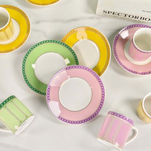 Colorful Geometric Ceramic Coffee Cup And Saucer <b>Set</b> 6 Pieces Bone China Espresso Cups For Home Kitchen And Afternoon Tea - Product Image 5