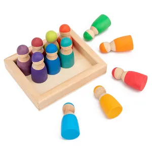 Montessori Set von 12 Regenbogen freunden Pretend Play benutzer definierte Kinder Mini Holz spielzeug Peg Holzpuppe Kit