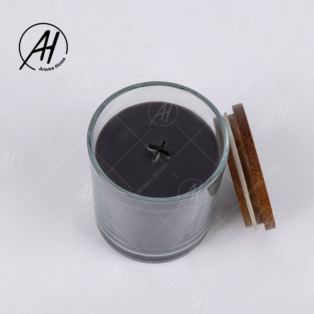 Transparent Glass Jar Brown Lid Cross Wooden Wick Soy Wax Scented Candle Black 2