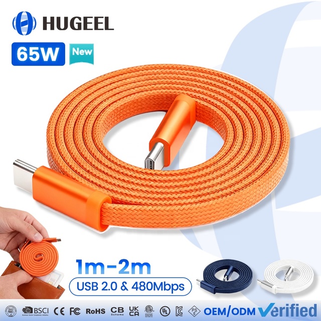 HUGEEL Wholesale 65W Flat Cable Type C Data Cable with Super Fast Charging 48Nylon Braided USB C Cable for Phone 17 Tablet Cable
