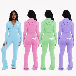 Üreticileri özel eşofman egzersiz setleri kadınlar fermuar up Hoodie ceket Flare pantolon tayt kadınlar için 2 parça Set eşofman - Product Image 2