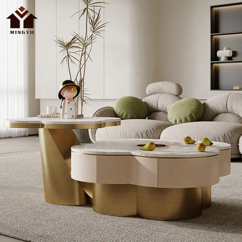 Nuovi prodotti set di tavolini da salotto con piano in marmo bianco tavoli centrali con Base mentale tavolini rotondi per il tempo libero in stile francese
