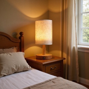 Bedroom Living Room Simple Solid Wood <b>Table</b> Fabric <b>LED</b> Night Light Retro Bedroom <b>Bedside</b> Lamp - Product Image 1
