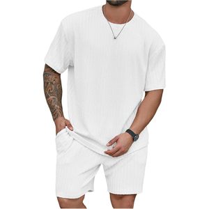 FOXA Men's 2 Piece Summer Outfit Textured T Shirt And Shorts <b>Set</b> Breathable Cotton <b>Knitted</b> Big And Tall - Product Image 1