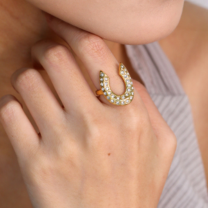 Wholesale 18K Gold Plated Stainless Steel U-Shape Zircon & Green Crystal <b>Stacking</b> <b>Rings</b> for Women - Product Image 4