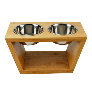 ชามอาหารสุนัขแบบยกสูงทำจากไม้ไผ่ที่ใส่อาหารและน้ำพร้อมชามสเตนเลส2ใบ - Product Image 1