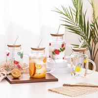 Cartoon Fruit Decal 401-500ml Glazen Tumbler met Handvat, Bamboe Deksel en Rietje, Water-Sap-Melk Beker/Mok voor Feestjes en Terug naar School