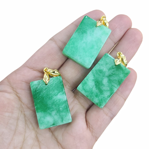 JF7356 Pingentes de etiquetas para cães retangulares banhados a ouro 18K CZ Pave Natural <span class=keywords><strong>Jade</strong></span> Verde Genuíno Pedra Jadeite - Product Image 1