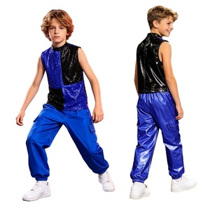 Costumes de danse pour garçons de 6 à 16 ans, costumes de danse jazz métalliques sur mesure, haut avec pantalon cargo, performance sur scène, hip-hop, danse de rue - Product Image 2