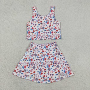 Ensemble deux pièces pour bébés filles, tenue de yoga, motif nœud rouge et bleu, manches courtes, gilet et jupe-short, pour les fêtes du 4 juillet, en Spandex/Polyester écologique - Product Image 3