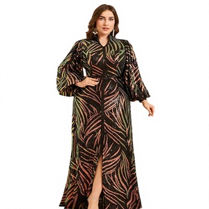Vestido Maxi de Talla Grande para Mujer, Cintura Imperio, Cuello con Muescas, Manga Larga Farol, Lentejuelas Brillantes, Elegante, Formal, con Abertura Frontal, Corte en A, para Otoño - Product Image 2