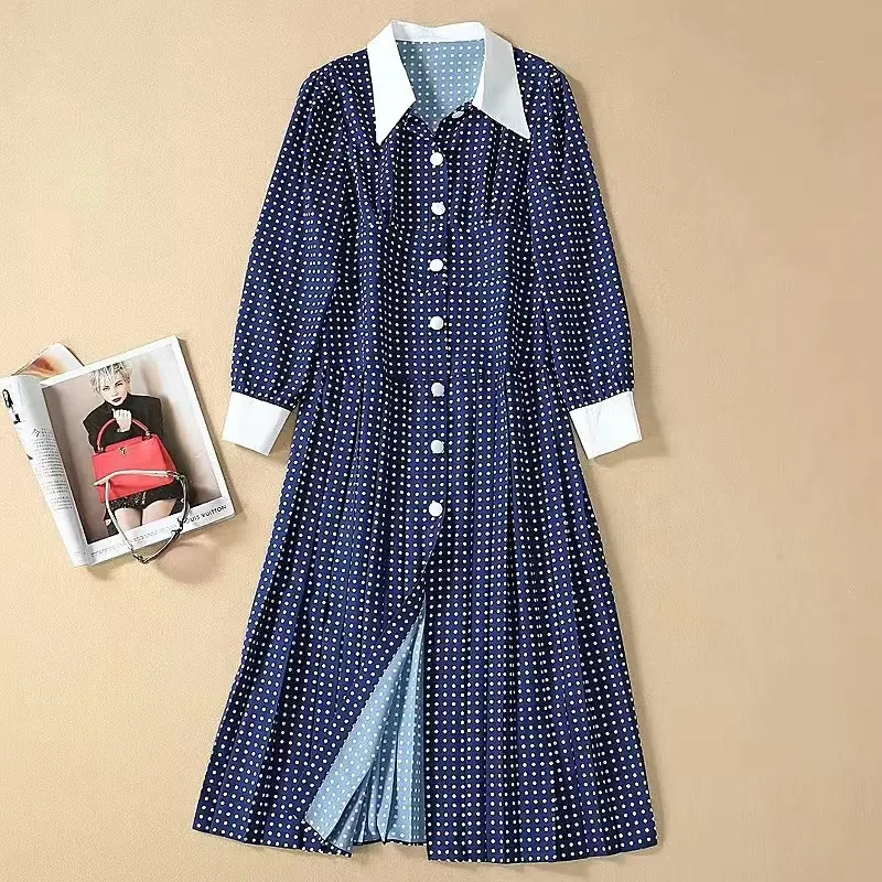 New Arrival Summer Women Casual Maxi Pleated Dresses Female Daily Clothing Regular Fit Small Dot Long Shirt Dress