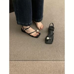 2026 Summer New French Style Pearl Decor <b>Open</b> <b>Toe</b> Sandals <b>Silver</b> square <b>Toe</b> Block <b>Heel</b> Roman Shoes Women - Product Image 6