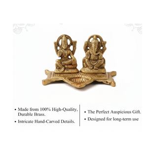 Lakshmi Ganesh Diya pour la salle de prière, le temple domestique, lampe à huile en métal artisanale avec des figures de divinités, finition dorée soigneusement sculptée - Product Image 2