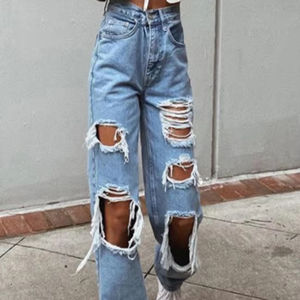 Pantalones holgados rectos de Hip Hop de calle alta para <span class=keywords><strong>mujer</strong></span>, nuevos pantalones vaqueros desgastados con agujeros <span class=keywords><strong>rotos</strong></span> que combinan con todo con características transpirables - Product Image 1