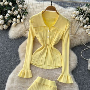 महिलाओं 2 टुकड़ा सूट लैपल लंबी आस्तीन पतली शीर्ष और उच्च कमर वाली पेंसिल स्कर्ट फ्रेंच शैली दो-टुकड़ा सेट - Product Image 3