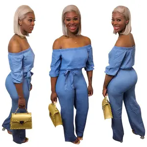 YQ994 Gratis Verzending Plus Size Effen Kleur Uit De Schouder Lange Mouwen Wijde Pijpen Jumpsuit Vrouwen Jumpsuit Vrouw Jumpsuit