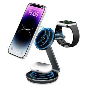 New Qi Aluminum Alloy 10w 15w Fast 3-in-1 Magnetic Wireless Charger Stand For Iphone TYPE-C Portable Earphones And Watches